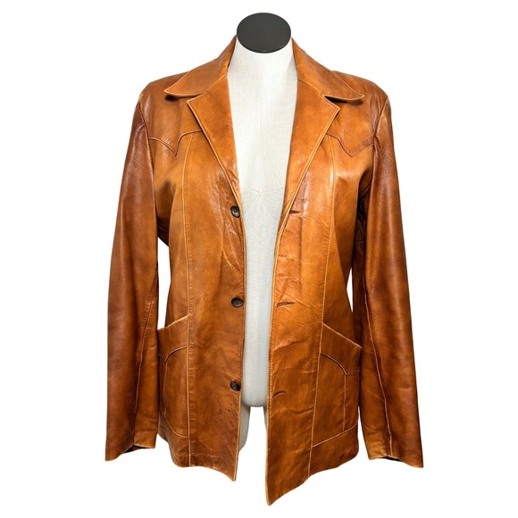 Vtg Western Tan Leather Jacket 3 Button Yoke Detail Tan Brown Size 42 Long